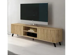 Mueble de TV de Diseño Nórdico, 2 Compartimentos de Almacenamiento y 2 Puertas, Mauvella - Rayas, 49cm (Alto)x 180cm (Ancho) x 40cm (Fondo) - Meyvaser
