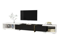 Mueble de TV de longitud regulable (140-260 cm) - 3 puertas abatibles - aspecto mármol blanco - Blanco y Negro