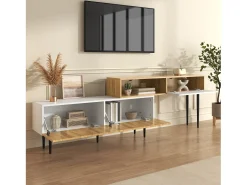 Mueble de TV de longitud regulable - 220 x 30 x 63,4 cm - modular en 2 partes - MDF - natural