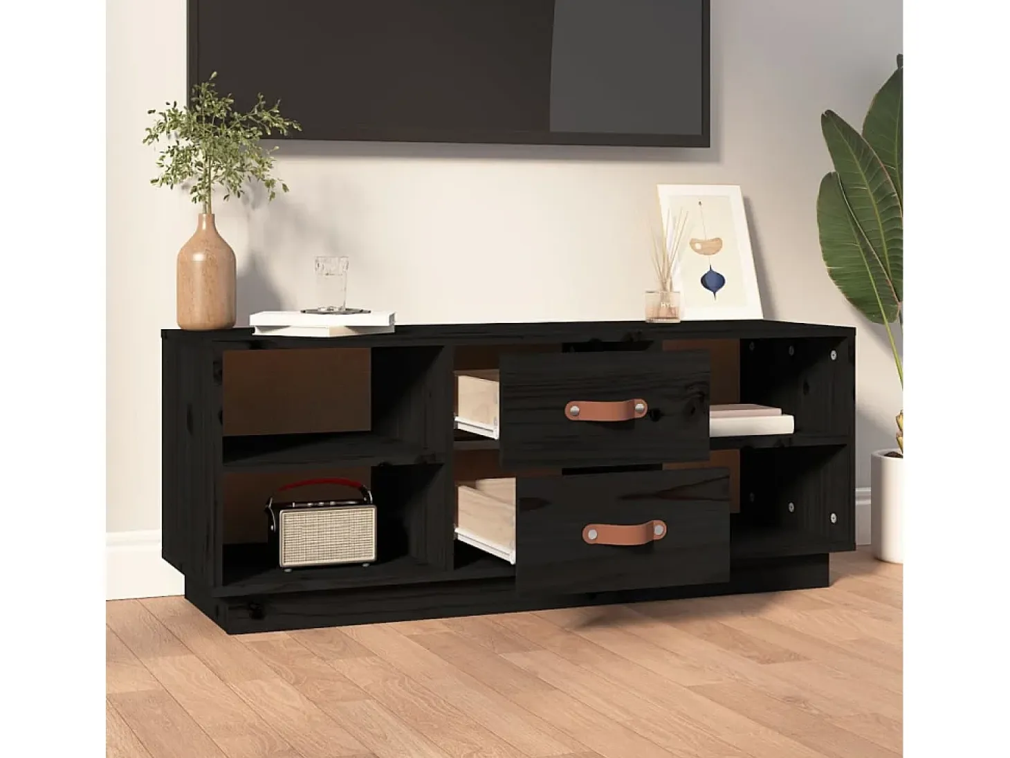 Mueble de TV de madera maciza de pino negro 100x34x40 cm