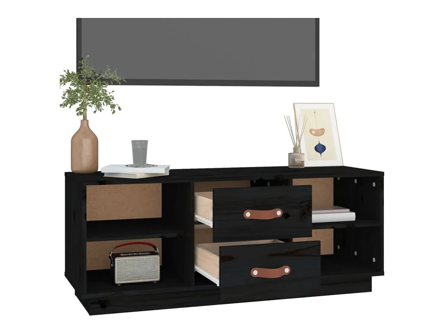 Mueble de TV de madera maciza de pino negro 100x34x40 cm