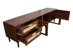 Mueble de TV de madera marrón con 2 cajones de ratán, 2 puertas de cristal curvo, 1 puerta de ratán, iluminación LED, diseño moderno (180 x 40 x 50 cm)