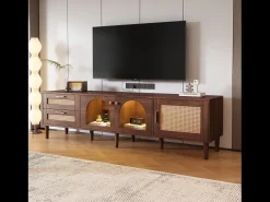 Mueble de TV de madera marrón con 2 cajones de ratán, 2 puertas de cristal curvo, 1 puerta de ratán, iluminación LED, diseño moderno (180 x 40 x 50 cm)