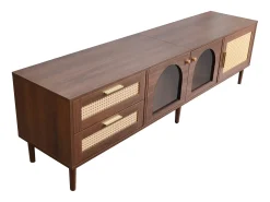 Mueble de TV de madera marrón con 2 cajones de ratán, 2 puertas de cristal curvo, 1 puerta de ratán, iluminación LED, diseño moderno (180 x 40 x 50 cm)