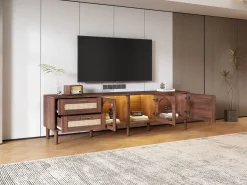 Mueble de TV de madera marrón con 2 cajones de ratán, 2 puertas de cristal curvo, 1 puerta de ratán, iluminación LED, diseño moderno (180 x 40 x 50 cm)