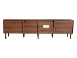 Mueble de TV de madera marrón con 2 cajones de ratán, 2 puertas de cristal curvo, 1 puerta de ratán, iluminación LED, diseño moderno (180 x 40 x 50 cm)