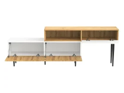 Mueble de TV de madera y blanco - Mueble de TV con 2 puertas abatibles y patas de metal - almacenaje abierto