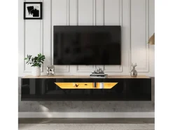 Mueble de TV de pared brillante - 180 x 37 x 36 cm - con 3 puertas + LED - para TV de 75 pulgadas - aglomerado - negro