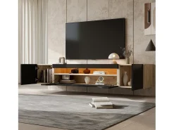 Mueble de TV de pared de 3 puertas con iluminación LED - Mueble de TV negro - puertas plegables - para TV de 75