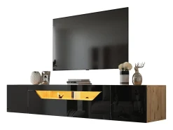 Mueble de TV de pared de 3 puertas con iluminación LED - Mueble de TV negro - puertas plegables - para TV de 75