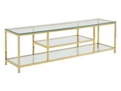 Mueble de TV en vidrio templado y acero inoxidable - Transparente y Dorado - RIMALI