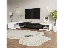 Mueble de TV extensible con 3 puertas - 140/260 x 40 x 30 cm - Efecto mármol - MDF - Negro brillo + blanco
