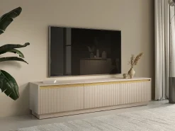 Mueble de TV flotante o de pie con 3 puertas de MDF - Beige y Dorado - POSINIA