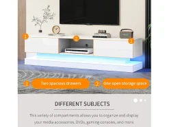 Mueble de TV LED de alto brillo, 160 cm, 2 cajones, control por app, diseño antivuelco, blanco (160 x 35 x 40,5 cm)
