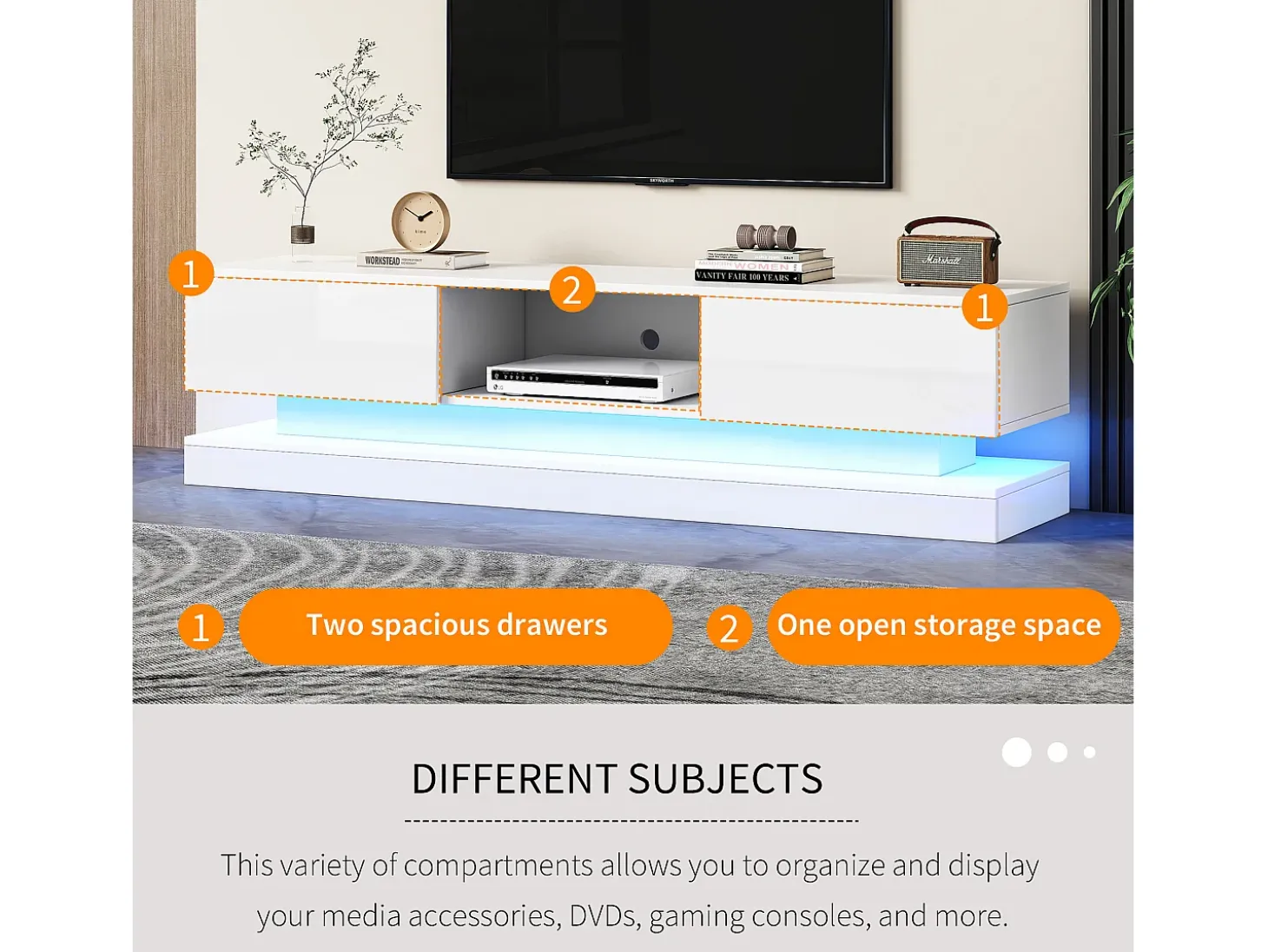 Mueble de TV LED de alto brillo, 160 cm, 2 cajones, control por app, diseño antivuelco, blanco (160 x 35 x 40,5 cm)