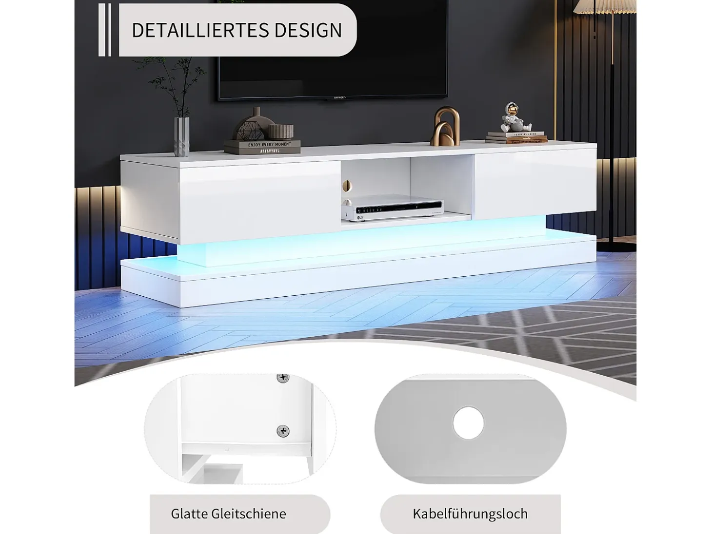 Mueble de TV LED de alto brillo, 160 cm, 2 cajones, control por app, diseño antivuelco, blanco (160 x 35 x 40,5 cm)