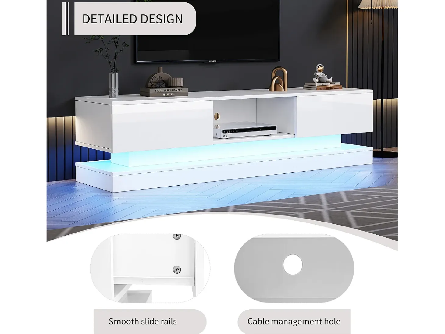 Mueble de TV LED de alto brillo, 160 cm, 2 cajones, control por app, diseño antivuelco, blanco (160 x 35 x 40,5 cm)