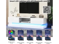 Mueble de TV LED de alto brillo, 160 cm, 2 cajones, control por app, diseño antivuelco, blanco (160 x 35 x 40,5 cm)