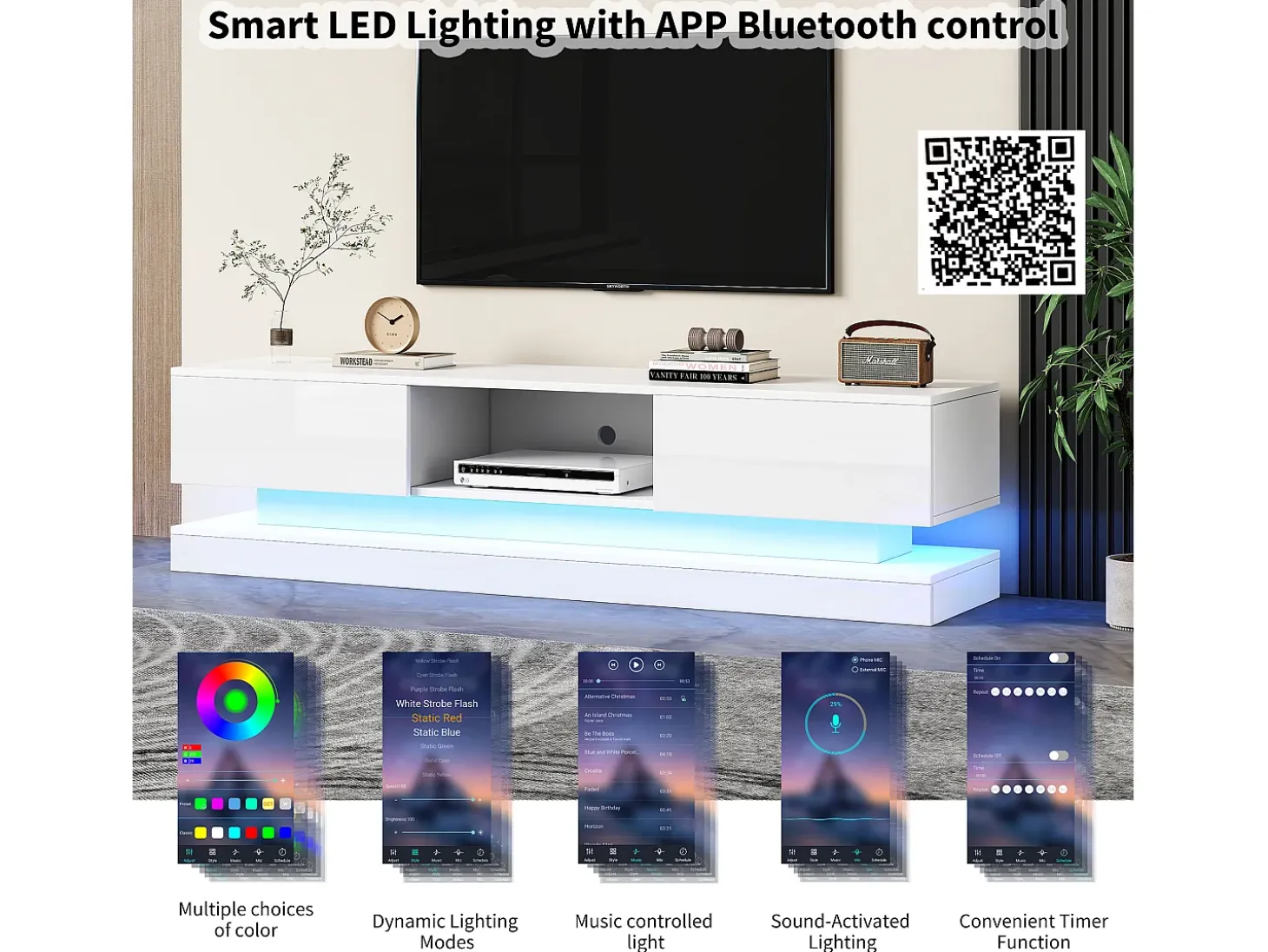 Mueble de TV LED de alto brillo, 160 cm, 2 cajones, control por app, diseño antivuelco, blanco (160 x 35 x 40,5 cm)