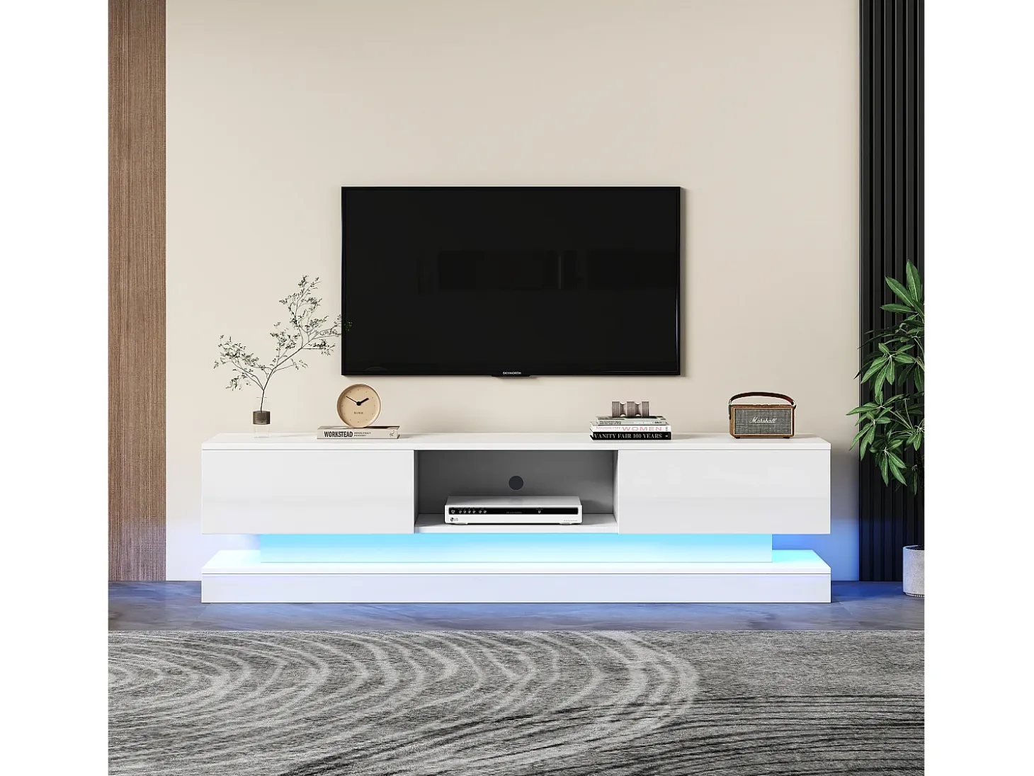 Mueble de TV LED de alto brillo, 160 cm, 2 cajones, control por app, diseño antivuelco, blanco (160 x 35 x 40,5 cm)