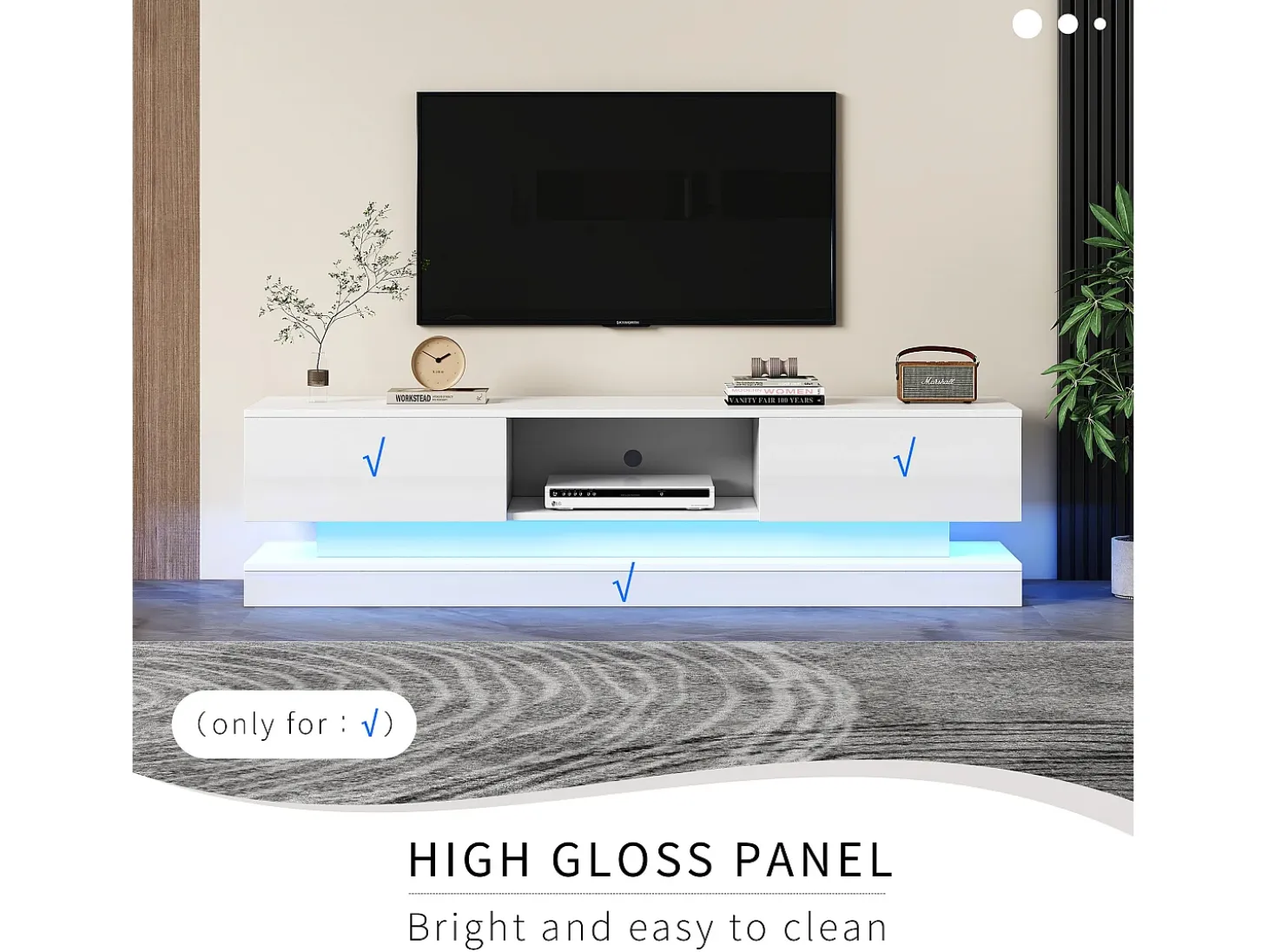 Mueble de TV LED de alto brillo, 160 cm, 2 cajones, control por app, diseño antivuelco, blanco (160 x 35 x 40,5 cm)