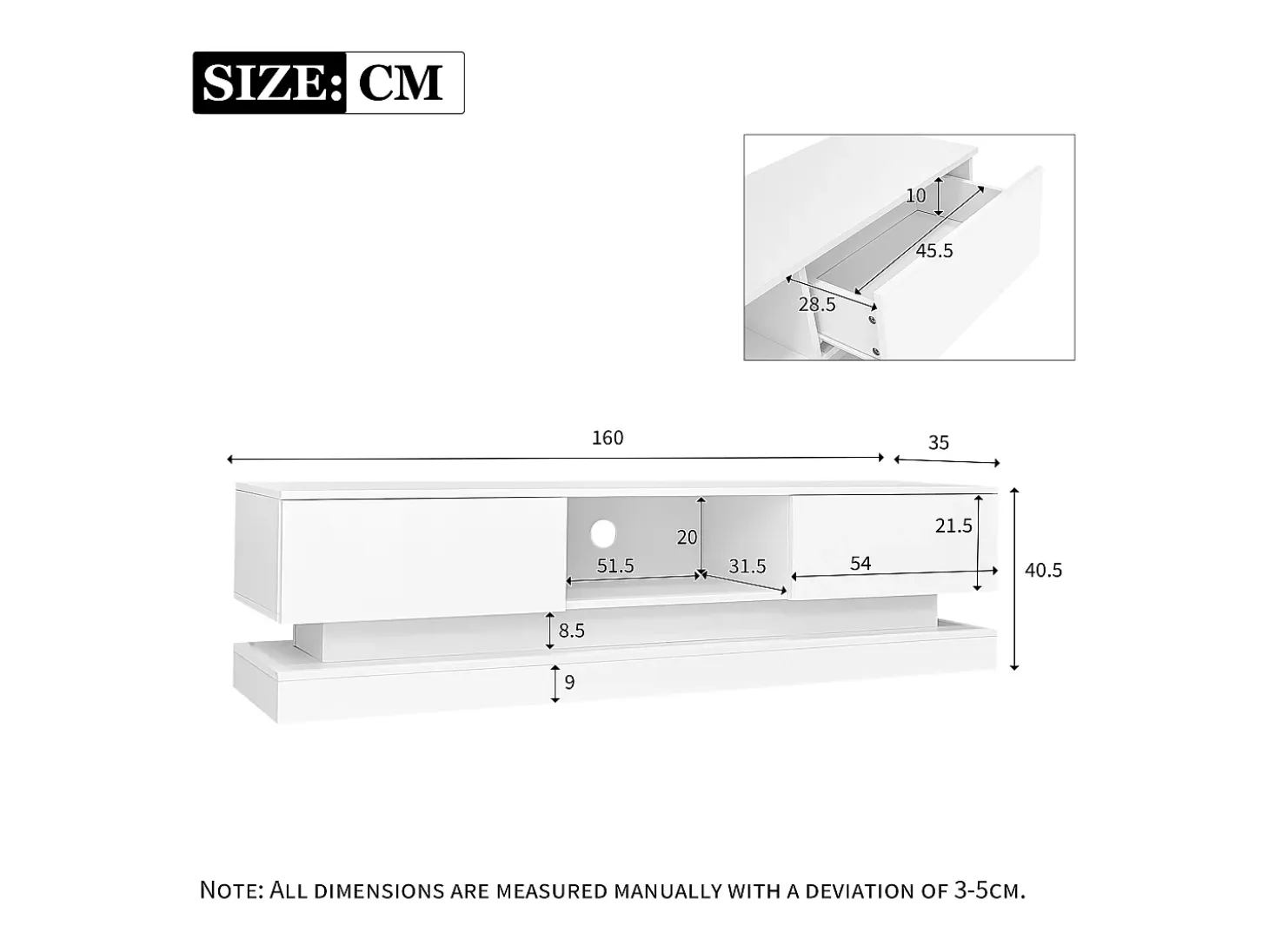 Mueble de TV LED de alto brillo, 160 cm, 2 cajones, control por app, diseño antivuelco, blanco (160 x 35 x 40,5 cm)