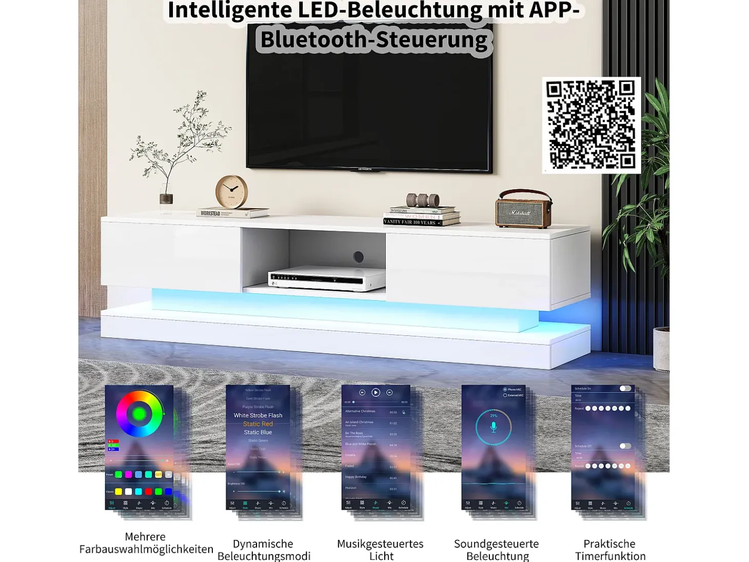 Mueble de TV LED de alto brillo, 160 cm, 2 cajones, control por app, diseño antivuelco, blanco (160 x 35 x 40,5 cm)