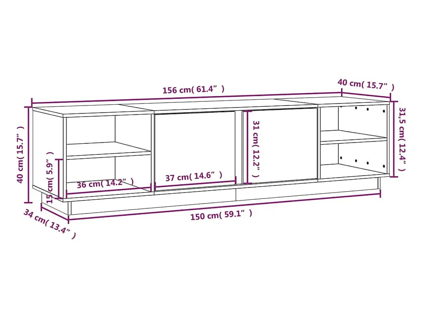Mueble de TV madera maciza de pino blanco 156x40x40 cm