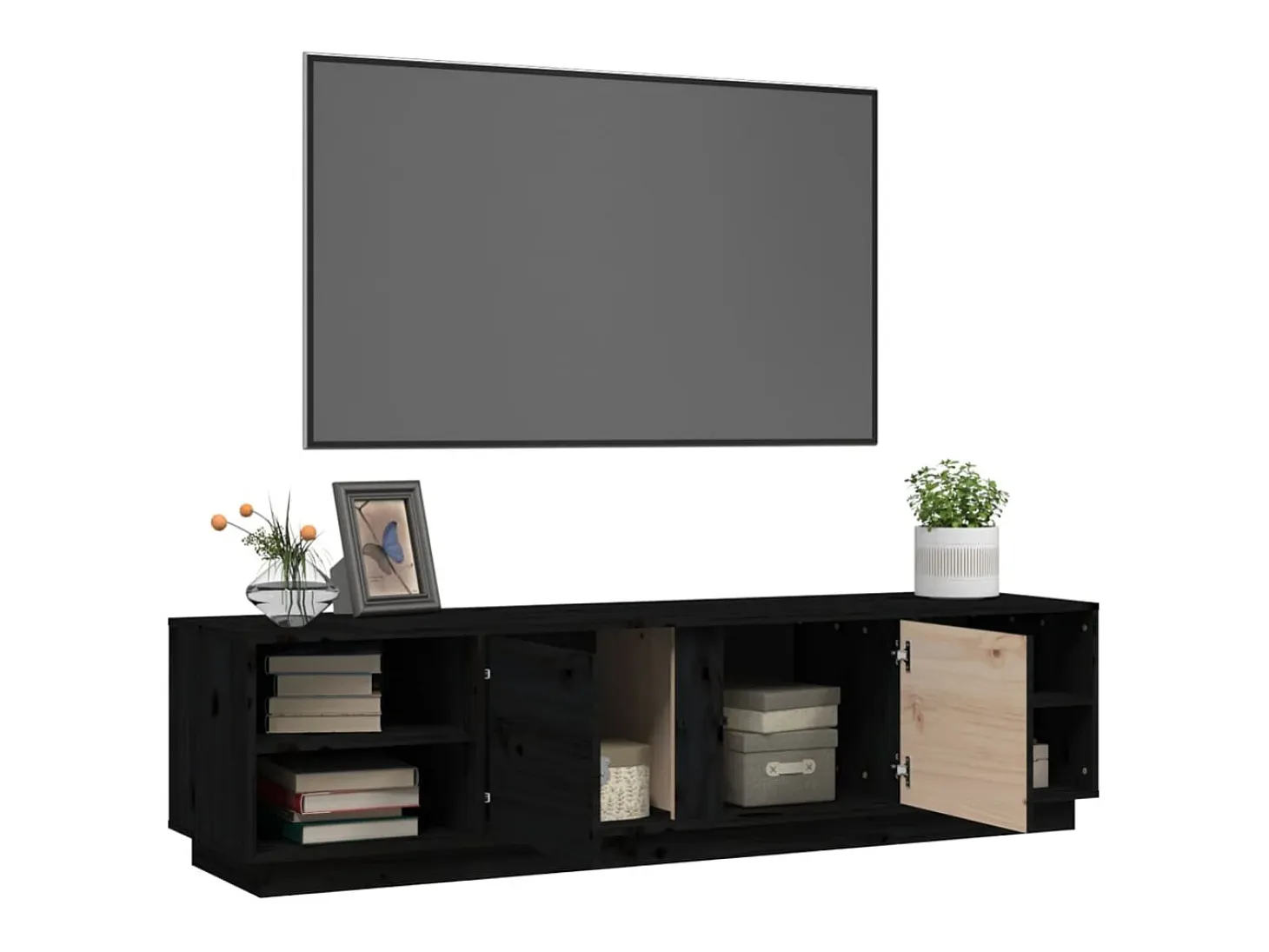 Mueble de TV madera maciza de pino negro 156x40x40 cm