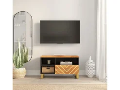 Mueble de TV madera maciza de mango marrón negro 80x33,5x46 cm