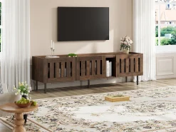 Mueble de TV minimalista de perfil bajo - 160 x 40 x 47 cm - con diseño calado + 3 puertas - para televisores de 65 pulgadas - MDF - marrón