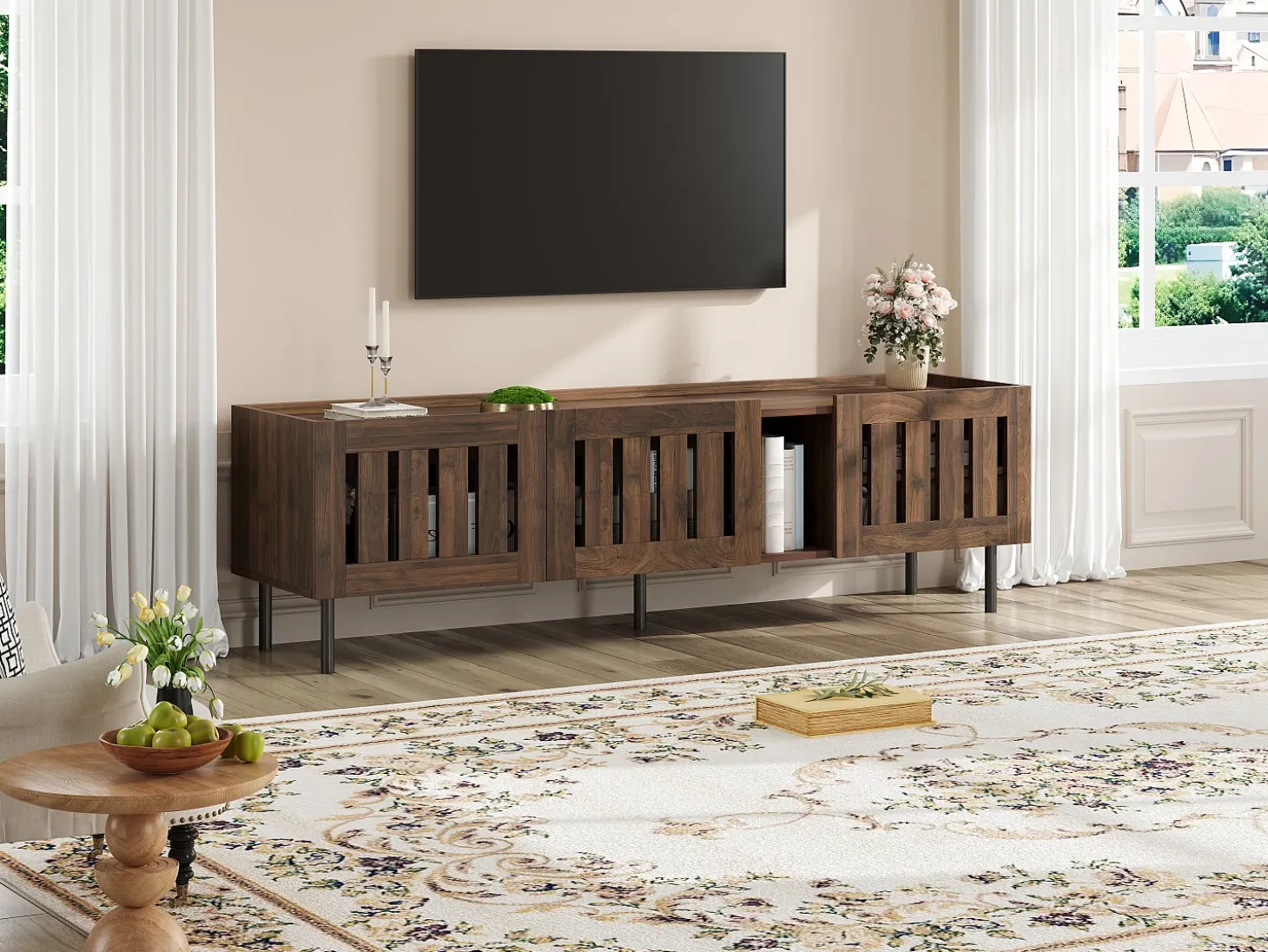 Mueble de TV minimalista de perfil bajo - 160 x 40 x 47 cm - con diseño calado + 3 puertas - para televisores de 65 pulgadas - MDF - marrón