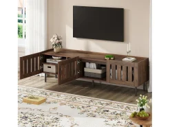 Mueble de TV minimalista de perfil bajo - 160 x 40 x 47 cm - con diseño calado + 3 puertas - para televisores de 65 pulgadas - MDF - marrón