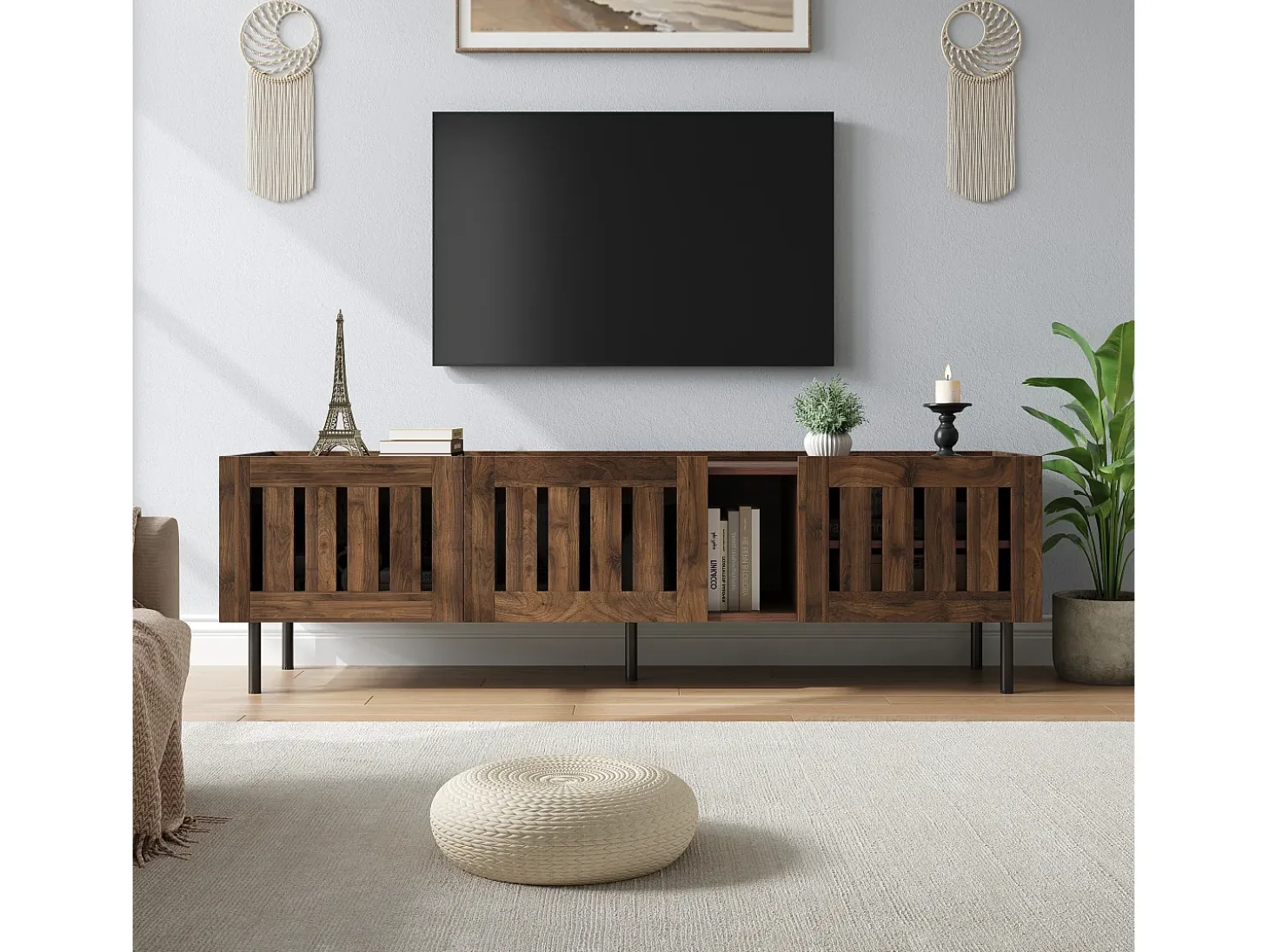 Mueble de TV minimalista de perfil bajo - 160 x 40 x 47 cm - con diseño calado + 3 puertas - para televisores de 65 pulgadas - MDF - marrón