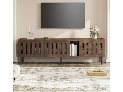 Mueble de TV minimalista de perfil bajo - 160 x 40 x 47 cm - con diseño calado + 3 puertas - para televisores de 65 pulgadas - MDF - marrón