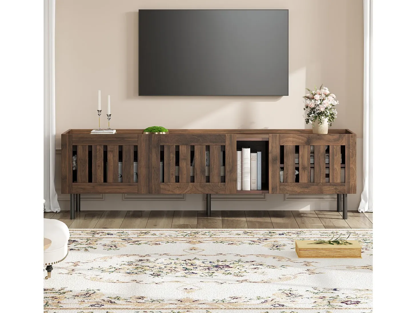 Mueble de TV minimalista de perfil bajo - 160 x 40 x 47 cm - con diseño calado + 3 puertas - para televisores de 65 pulgadas - MDF - marrón