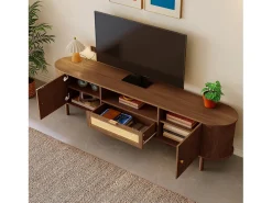 Mueble de TV moderno - 175 x 36 x 51 cm - con cajones de ratán + estante abierto + 2 puertas - patas de metal - MDF - marrón
