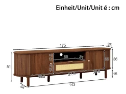Mueble de TV moderno - 175 x 36 x 51 cm - con cajones de ratán + estante abierto + 2 puertas - patas de metal - MDF - marrón