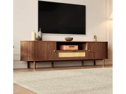 Mueble de TV moderno - 175 x 36 x 51 cm - con cajones de ratán + estante abierto + 2 puertas - patas de metal - MDF - marrón