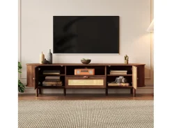 Mueble de TV moderno - 175 x 36 x 51 cm - con cajones de ratán + estante abierto + 2 puertas - patas de metal - MDF - marrón