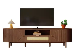 Mueble de TV moderno - 175 x 36 x 51 cm - con cajones de ratán + estante abierto + 2 puertas - patas de metal - MDF - marrón