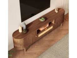 Mueble de TV moderno - 175 x 36 x 51 cm - con cajones de ratán + estante abierto + 2 puertas - patas de metal - MDF - marrón