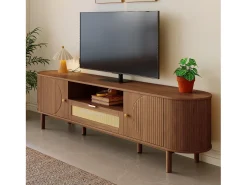 Mueble de TV moderno - 175 x 36 x 51 cm - con cajones de ratán + estante abierto + 2 puertas - patas de metal - MDF - marrón