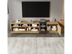 Mueble de TV moderno - 200 x 45 x 45 cm - con 3 puertas + compartimentos abiertos - aglomerado - natural