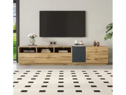Mueble de TV moderno - 200 x 45 x 45 cm - con 3 puertas + compartimentos abiertos - aglomerado - natural
