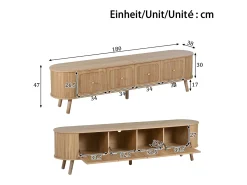 Mueble de TV moderno - 180 x 38 x 47 cm - con 4 puertas + patas de madera - diseño único - MDF + aglomerado - natural