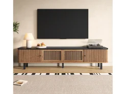 Mueble de TV moderno - 190 x 35 x 45 cm - con 2 puertas correderas + 2 puertas de malla - MDF + aglomerado - natural