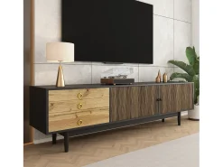 Mueble de TV moderno - 180 x 38 x 50 cm - con 2 puertas con estampado de ondas de agua + 3 cajones - MDF - negro