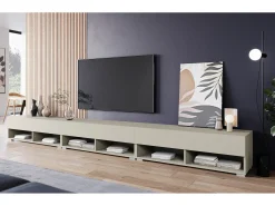 Mueble de TV moderno 300 cm – sin tiradores, color beige cachemira, mate, de pie o colgado