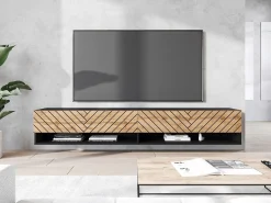 Mueble de TV moderno 180 cm – cuerpo negro mate, frentes MDF roble wotan negro en espiga, sin tiradores, de pie o colgante